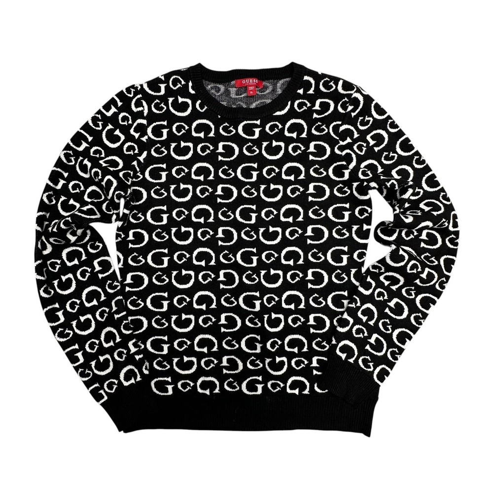 GUESS Los Angeles Logo Sweater Women's XL Black White Monogram Crewneck Y2K